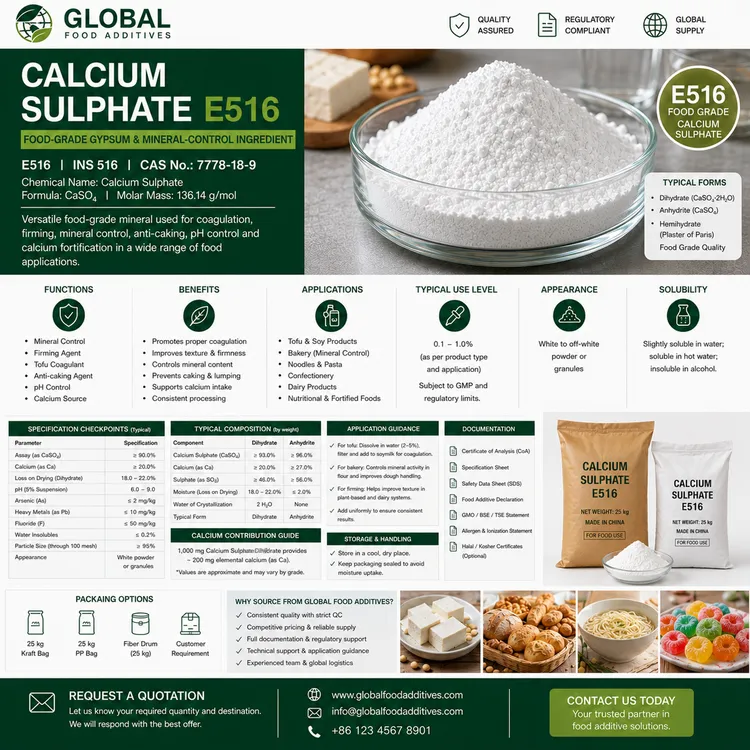Calcium Sulphate E516 food-grade gypsum food additive ingredient illustration