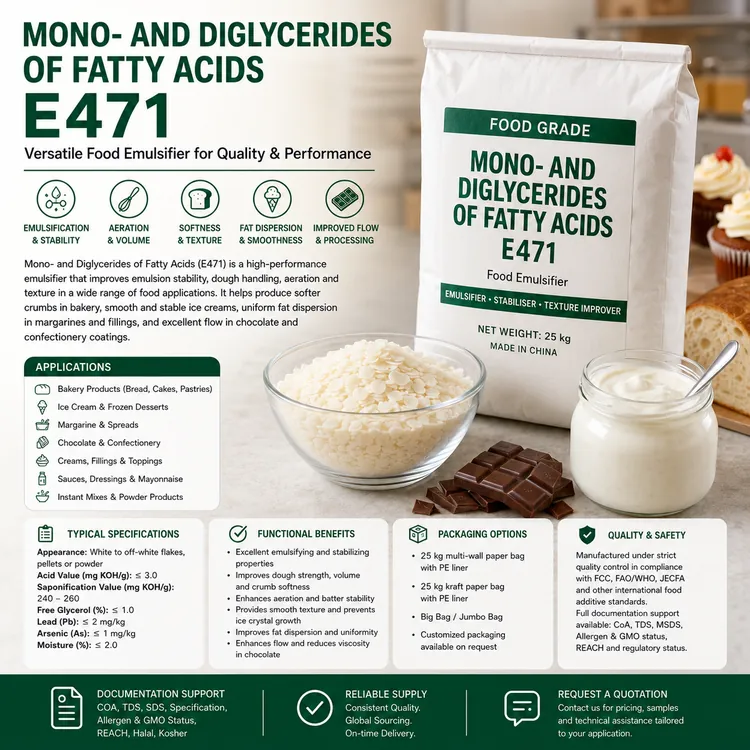 Mono- and Diglycerides of Fatty Acids E471 food-grade emulsifier for industrial food applications
