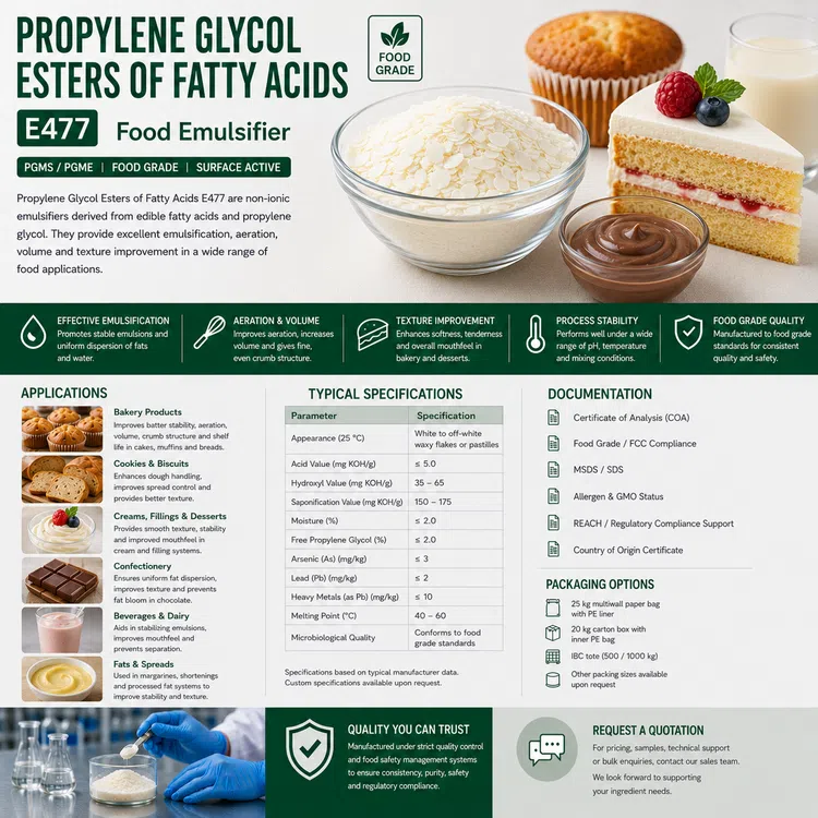 Propylene Glycol Esters of Fatty Acids E477 food emulsifier food additive ingredient illustration
