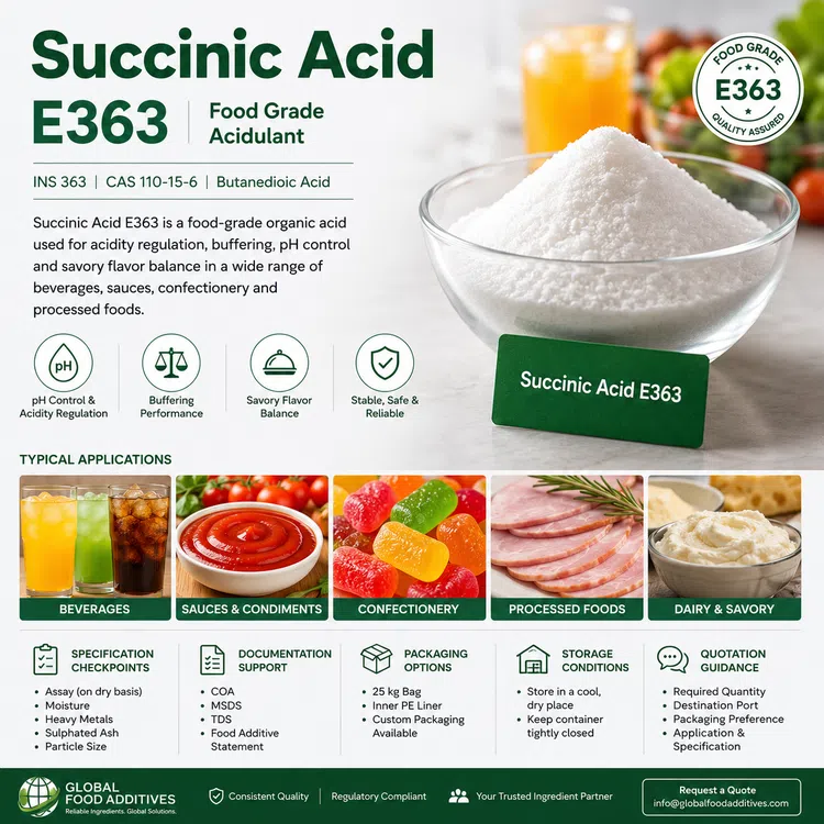 Food-grade Succinic Acid E363 crystalline acidulant for industrial food manufacturing
