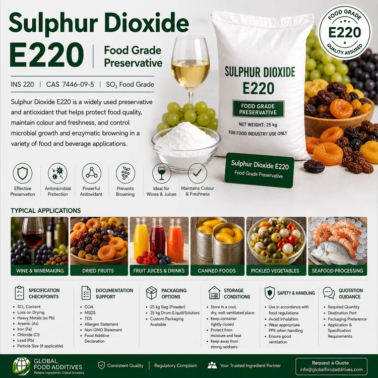 Food-grade Sulphur Dioxide E220 preservative for industrial food and beverage applications