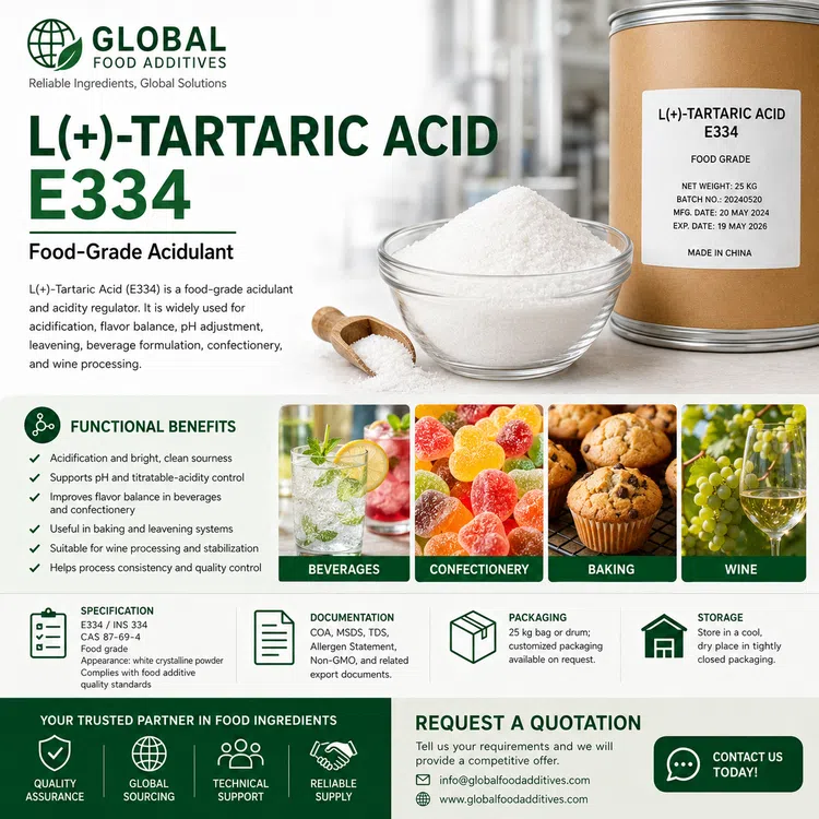 Food-grade L(+)-Tartaric Acid E334 crystalline powder for industrial food production